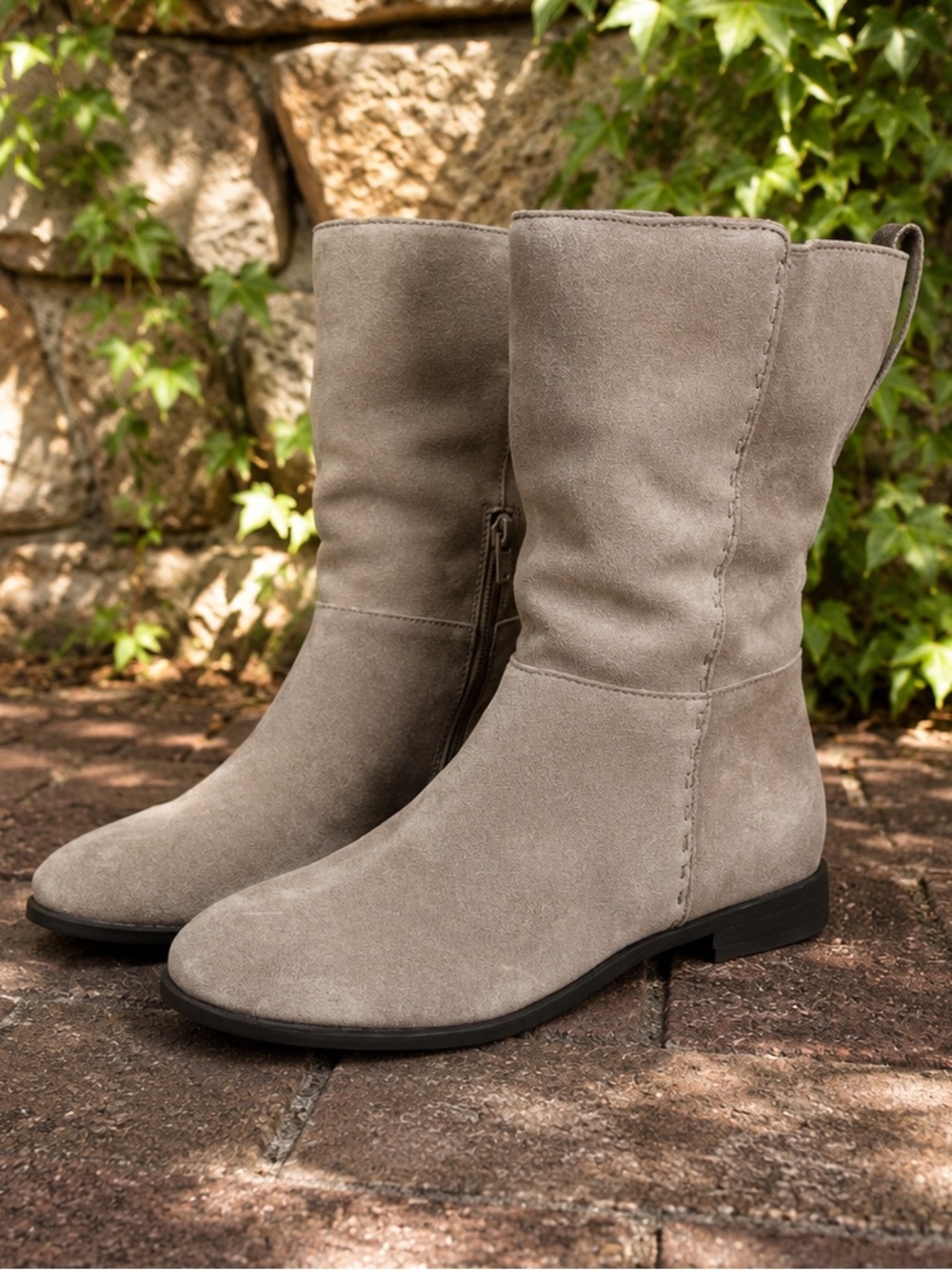 LANDS' END Casual Fall Taupe Mid-Calf Minimalist Suede Slouch Boots, 9
